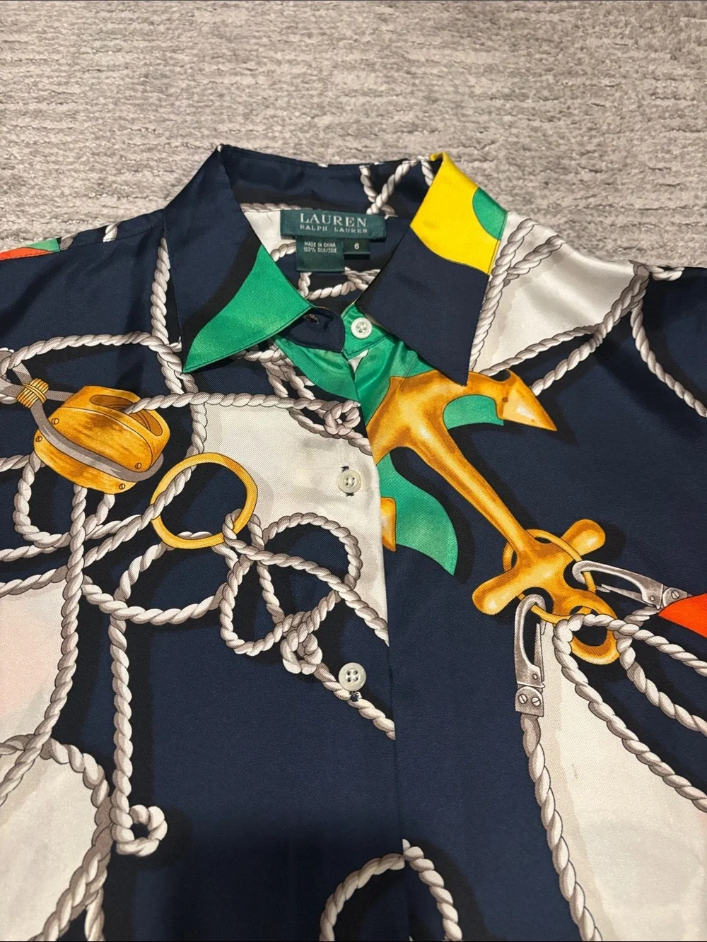 Lauren Ralph Lauren Navy Nautical Print Silk-Blend Shirt - Multicolor size 6 - Picture 4 of 5